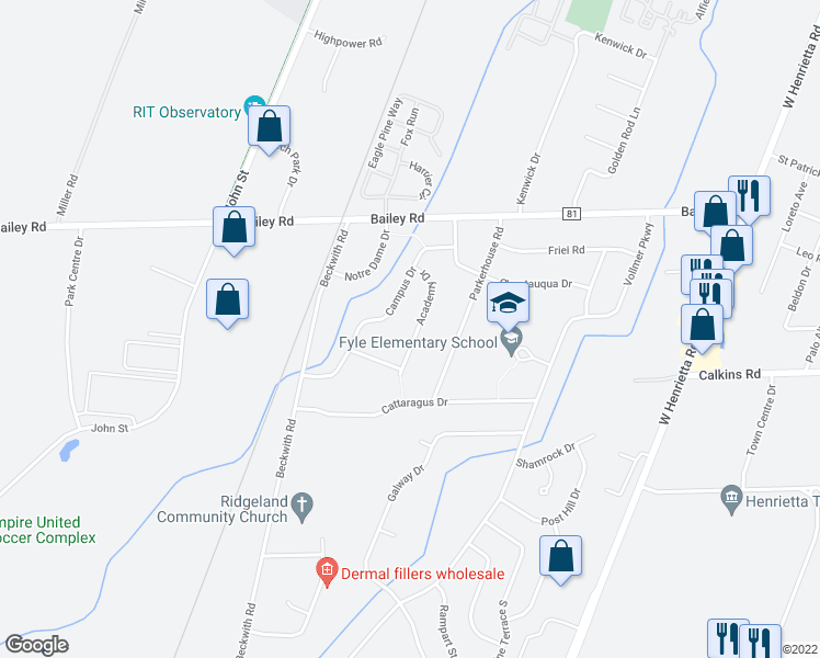 map of restaurants, bars, coffee shops, grocery stores, and more near 43 Academy Drive in Rochester