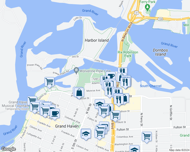 map of restaurants, bars, coffee shops, grocery stores, and more near 529 Tyler Lane in Grand Haven
