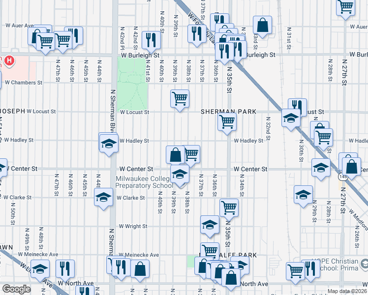 map of restaurants, bars, coffee shops, grocery stores, and more near 2773 North 38th Street in Milwaukee