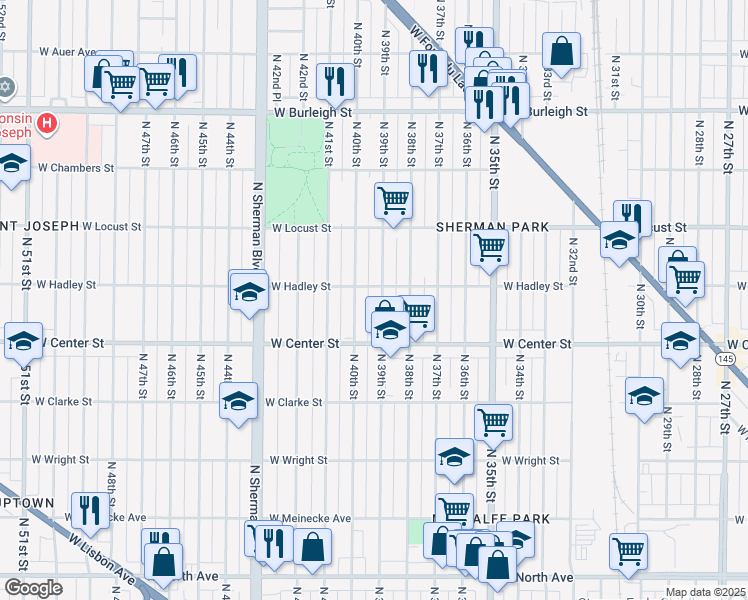 map of restaurants, bars, coffee shops, grocery stores, and more near 2770 North 40th Street in Milwaukee