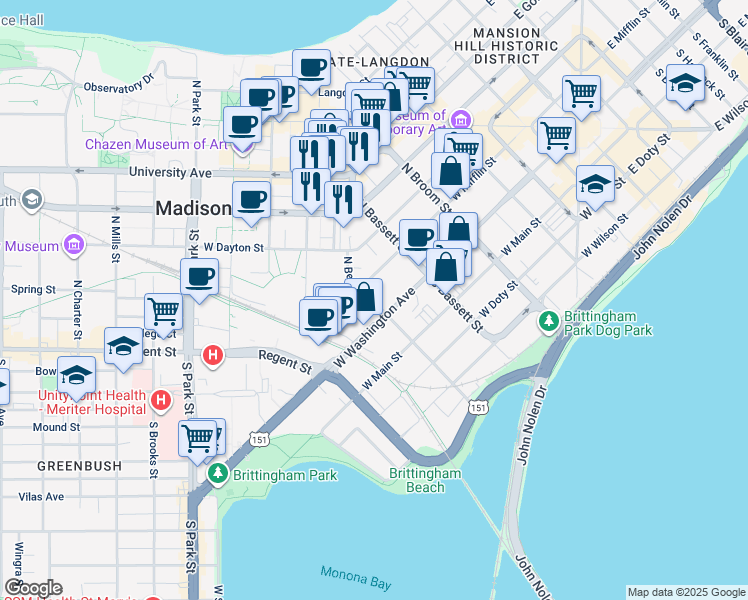 map of restaurants, bars, coffee shops, grocery stores, and more near 542 West Washington Avenue in Madison