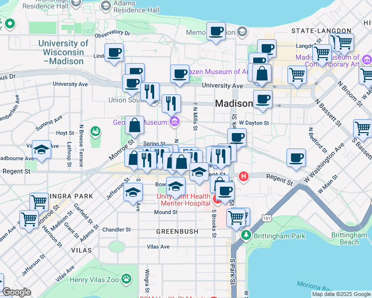 map of restaurants, bars, coffee shops, grocery stores, and more near 1111 Spring Street in Madison