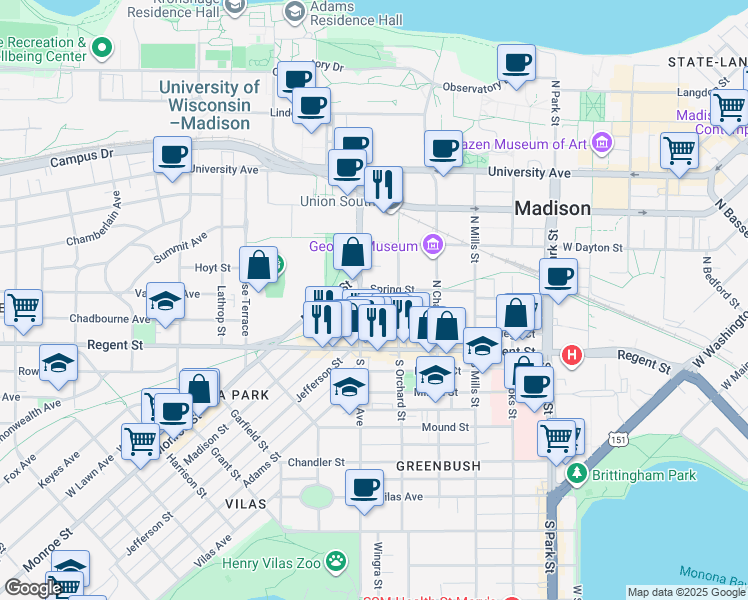 map of restaurants, bars, coffee shops, grocery stores, and more near 1419 Monroe Street in Madison