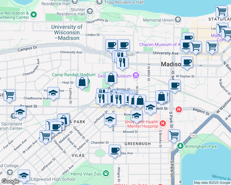 map of restaurants, bars, coffee shops, grocery stores, and more near 1419 Monroe Street in Madison
