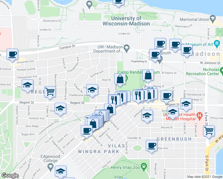 map of restaurants, bars, coffee shops, grocery stores, and more near 103 Lathrop Street in Madison