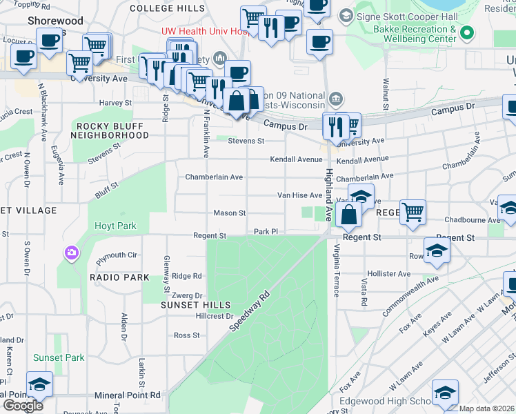 map of restaurants, bars, coffee shops, grocery stores, and more near 2627 Van Hise Avenue in Madison