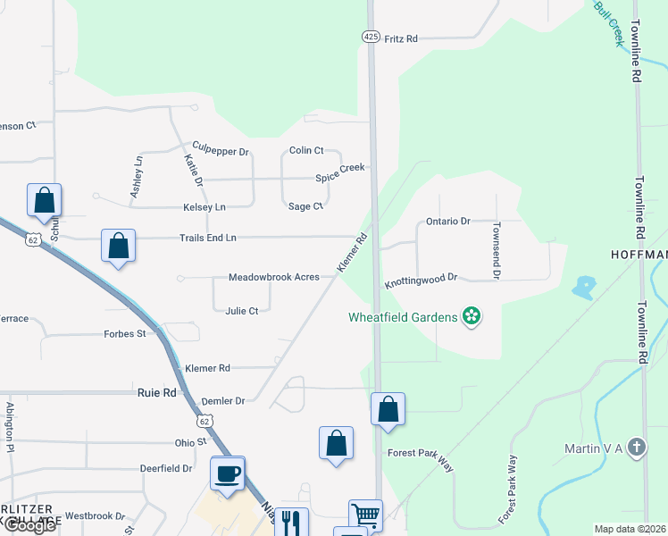 map of restaurants, bars, coffee shops, grocery stores, and more near 3725 Meadowbrook Acres in North Tonawanda