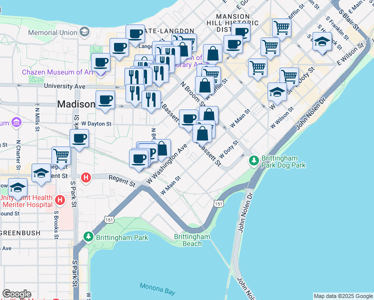 map of restaurants, bars, coffee shops, grocery stores, and more near 525 West Washington Avenue in Madison