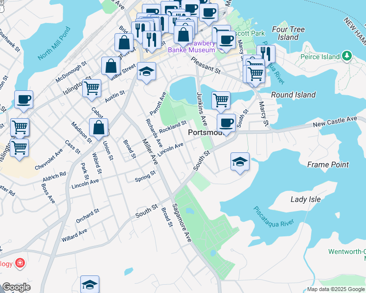 map of restaurants, bars, coffee shops, grocery stores, and more near 134 Lincoln Avenue in Portsmouth