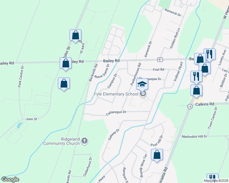 map of restaurants, bars, coffee shops, grocery stores, and more near 43 Academy Drive in Rochester