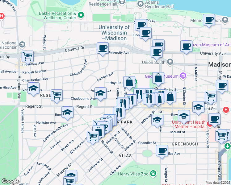map of restaurants, bars, coffee shops, grocery stores, and more near 103 Lathrop Street in Madison