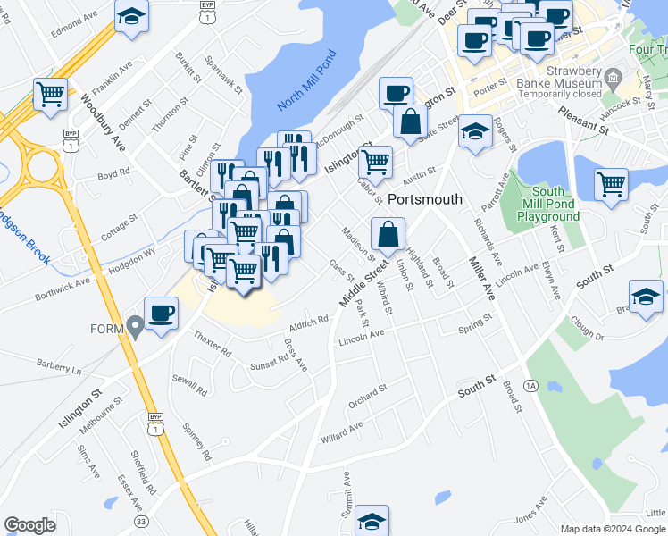 map of restaurants, bars, coffee shops, grocery stores, and more near 220 Cass Street in Portsmouth