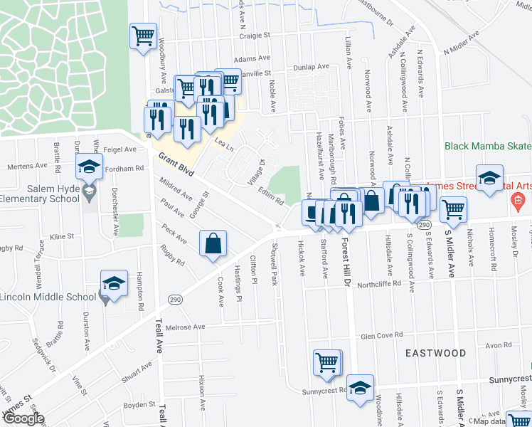 map of restaurants, bars, coffee shops, grocery stores, and more near 144 Grant Boulevard in Syracuse