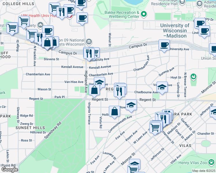 map of restaurants, bars, coffee shops, grocery stores, and more near 39 Ash Street in Madison