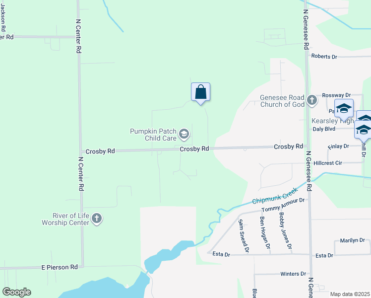 map of restaurants, bars, coffee shops, grocery stores, and more near 4235 Crosby Road in Flint
