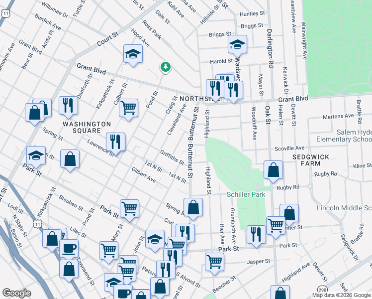 map of restaurants, bars, coffee shops, grocery stores, and more near in Syracuse