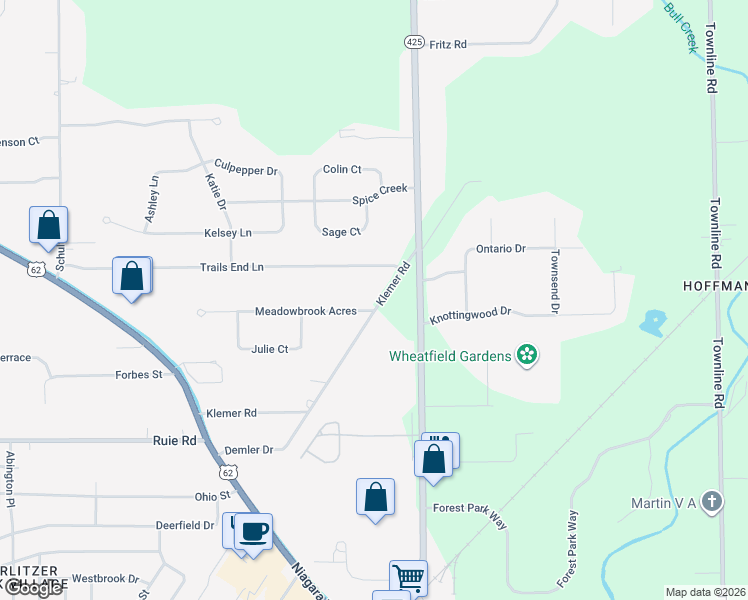 map of restaurants, bars, coffee shops, grocery stores, and more near 3725 Meadowbrook Acres in North Tonawanda
