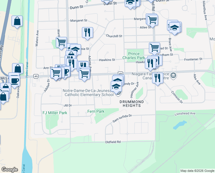 map of restaurants, bars, coffee shops, grocery stores, and more near 7339 Merritt Avenue in Niagara Falls