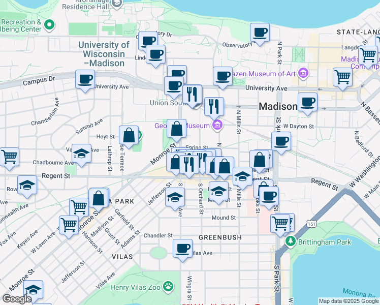 map of restaurants, bars, coffee shops, grocery stores, and more near 1315 Spring Street in Madison