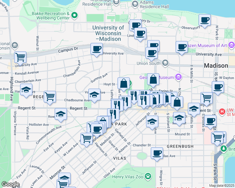 map of restaurants, bars, coffee shops, grocery stores, and more near 46 North Breese Terrace in Madison