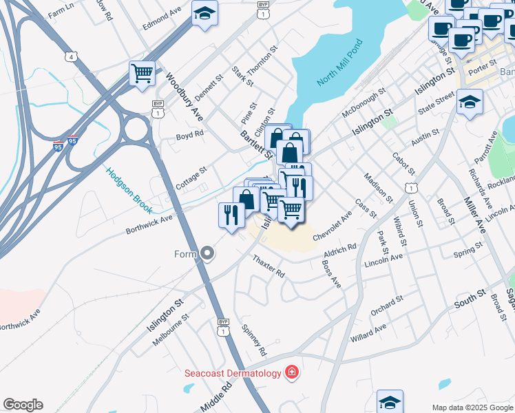 map of restaurants, bars, coffee shops, grocery stores, and more near 767 Islington Street in Portsmouth