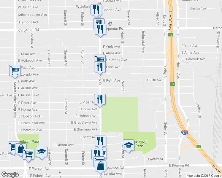 map of restaurants, bars, coffee shops, grocery stores, and more near 738 East Austin Avenue in Flint
