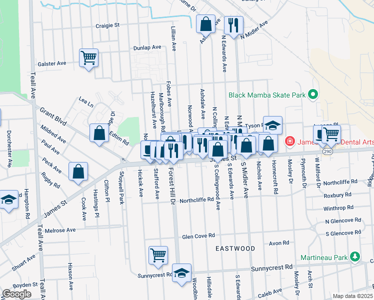 map of restaurants, bars, coffee shops, grocery stores, and more near 114 Norwood Avenue in Syracuse