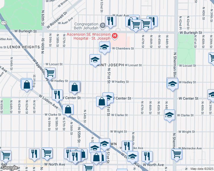 map of restaurants, bars, coffee shops, grocery stores, and more near 2763 North 51st Street in Milwaukee