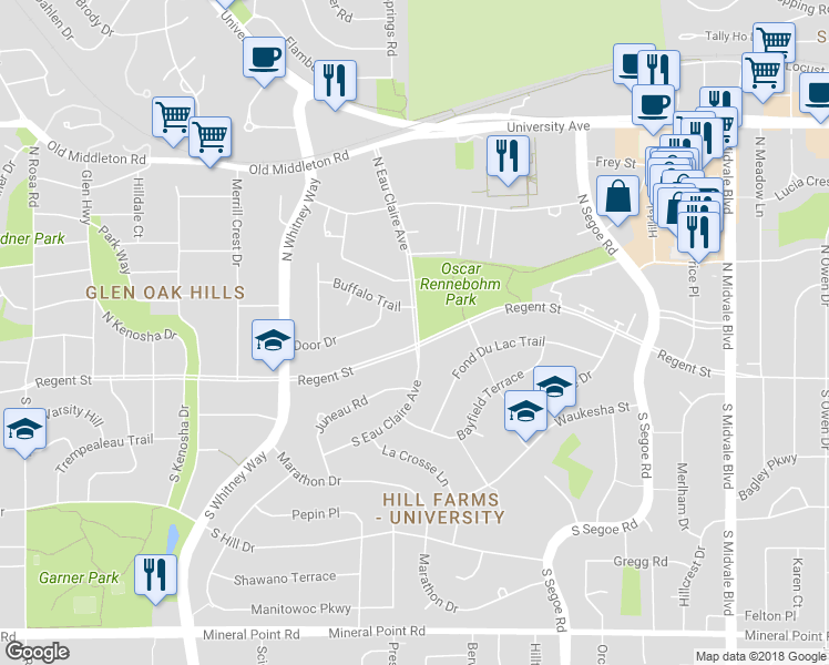 map of restaurants, bars, coffee shops, grocery stores, and more near 0 North Eau Claire Avenue in Madison