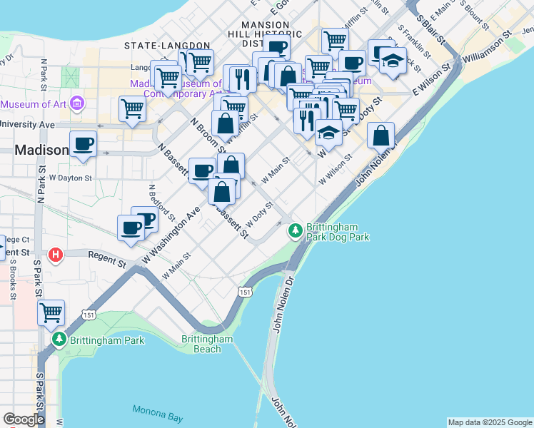 map of restaurants, bars, coffee shops, grocery stores, and more near 411 West Doty Street in Madison