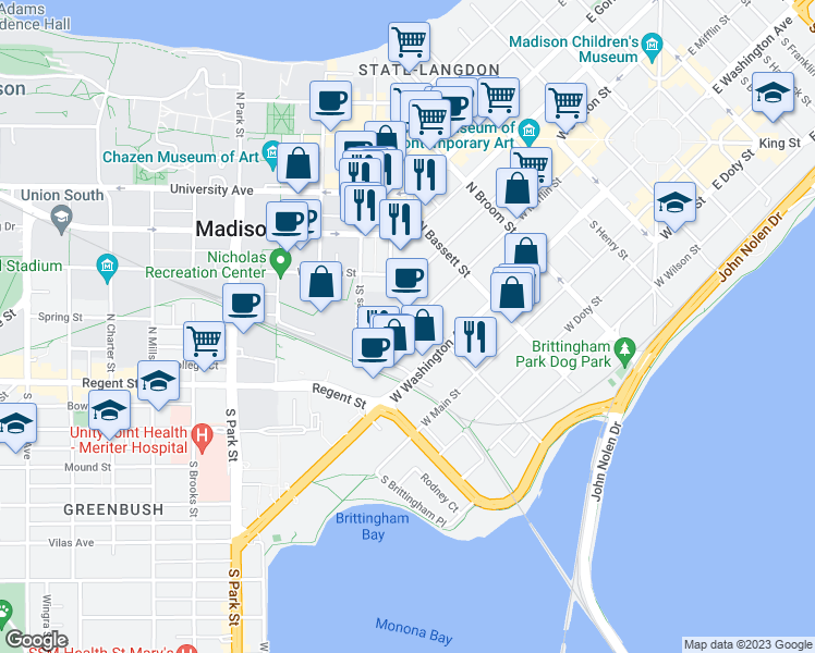 map of restaurants, bars, coffee shops, grocery stores, and more near 640 West Mifflin Street in Madison