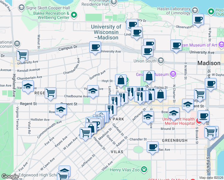 map of restaurants, bars, coffee shops, grocery stores, and more near 43 Lathrop Street in Madison