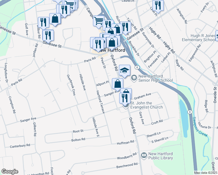 map of restaurants, bars, coffee shops, grocery stores, and more near 44 Pearl Street in New Hartford