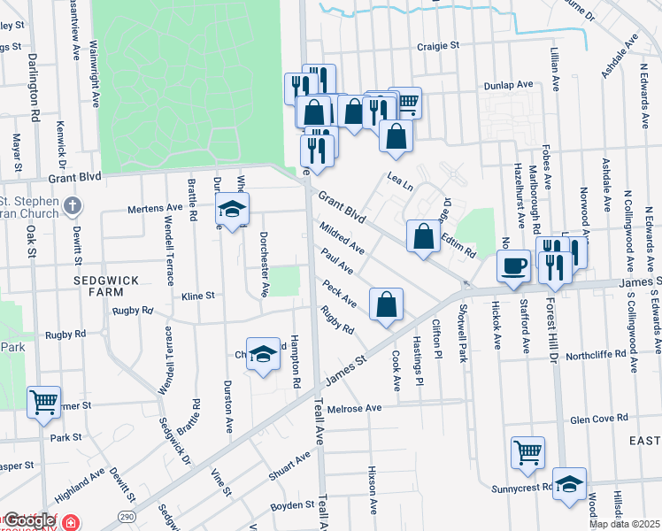 map of restaurants, bars, coffee shops, grocery stores, and more near 219 Paul Ave in Syracuse