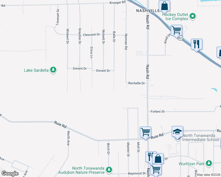 map of restaurants, bars, coffee shops, grocery stores, and more near 7374 Balla Drive in North Tonawanda
