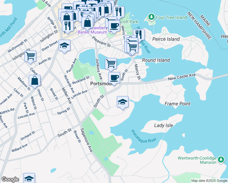 map of restaurants, bars, coffee shops, grocery stores, and more near 299 South Street in Portsmouth