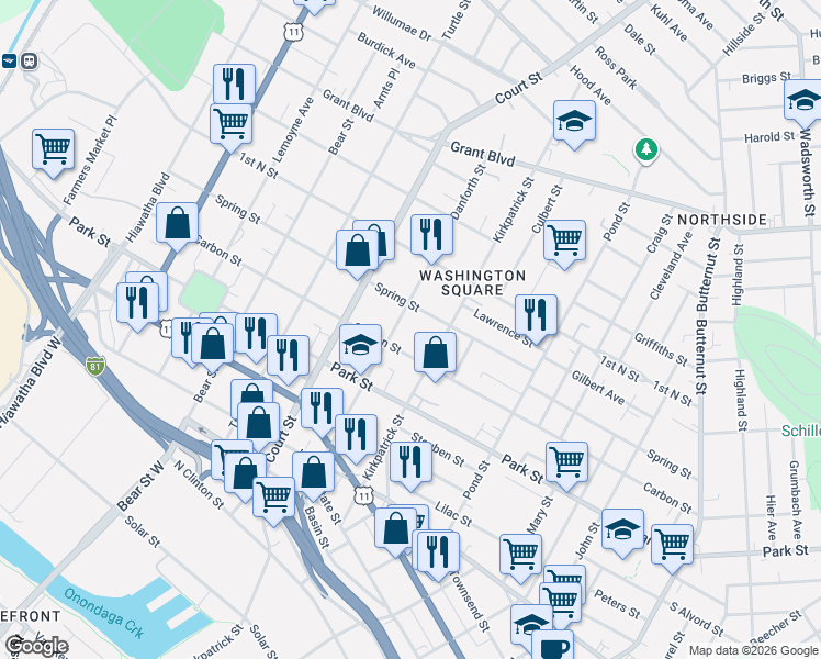 map of restaurants, bars, coffee shops, grocery stores, and more near 702 Danforth Street in Syracuse