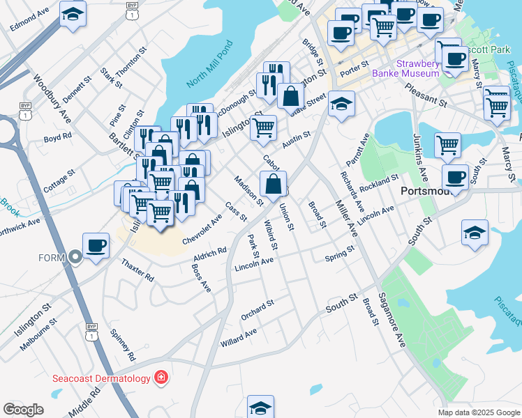 map of restaurants, bars, coffee shops, grocery stores, and more near 30 Madison Street in Portsmouth