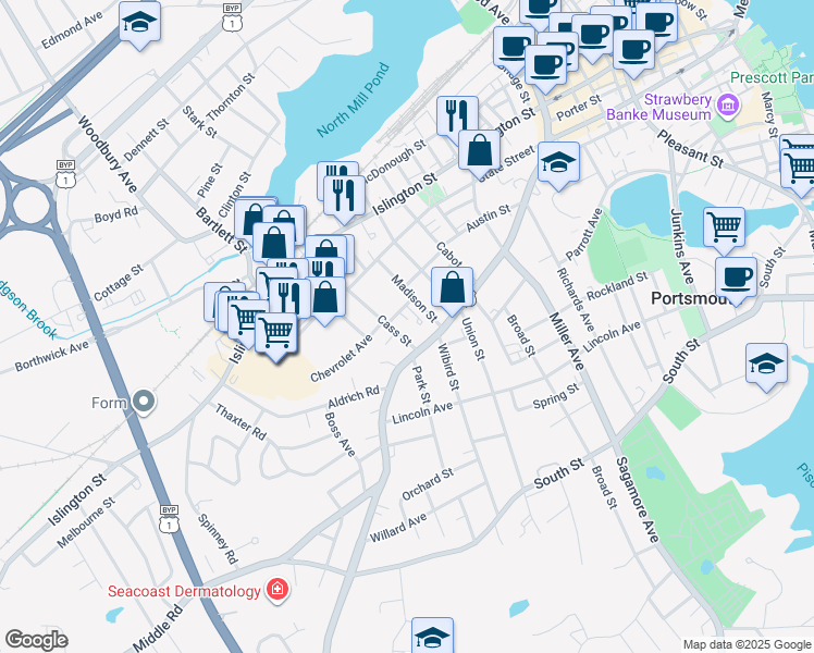 map of restaurants, bars, coffee shops, grocery stores, and more near 30 Madison Street in Portsmouth
