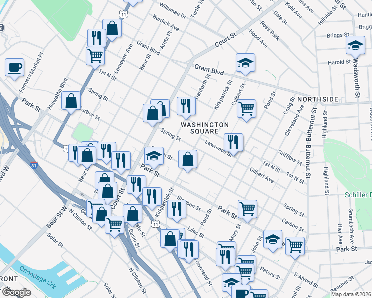 map of restaurants, bars, coffee shops, grocery stores, and more near 621 Kirkpatrick Street in Syracuse