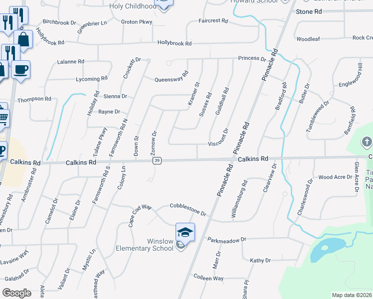 map of restaurants, bars, coffee shops, grocery stores, and more near 208 Viscount Drive in Rochester