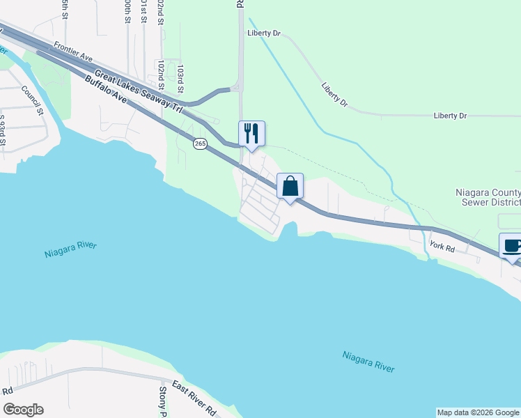 map of restaurants, bars, coffee shops, grocery stores, and more near 2080 River Road in Niagara Falls