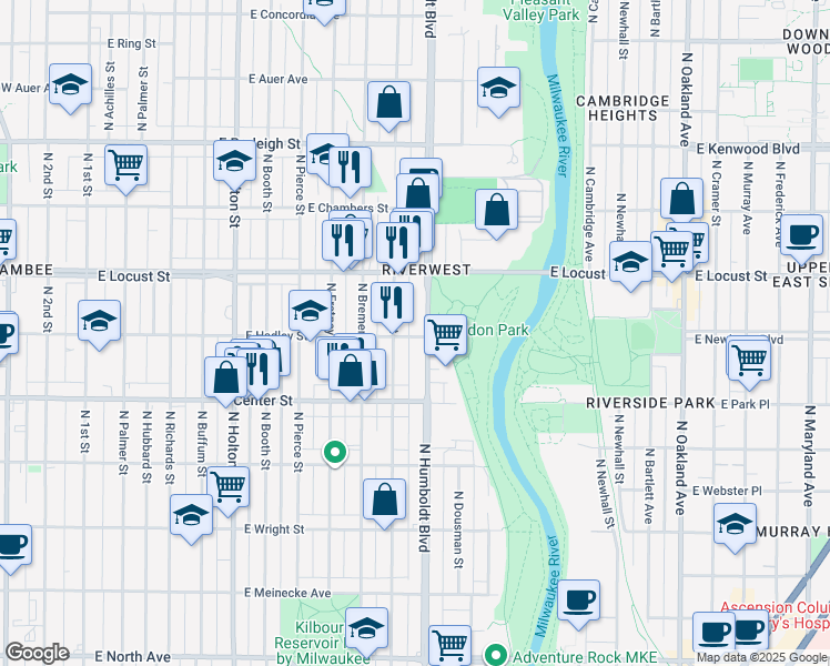 map of restaurants, bars, coffee shops, grocery stores, and more near 1014 East Hadley Street in Milwaukee