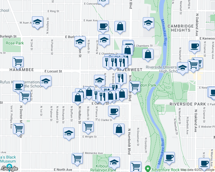 map of restaurants, bars, coffee shops, grocery stores, and more near 2802 North Fratney Street in Milwaukee