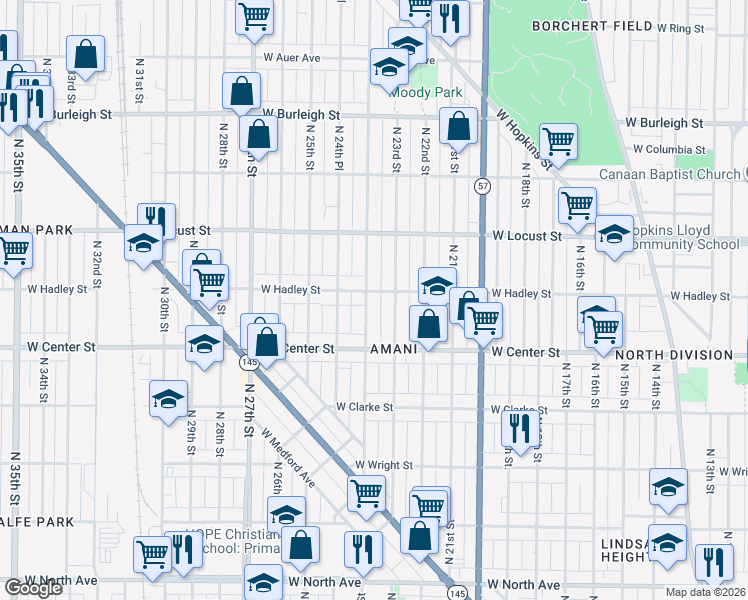 map of restaurants, bars, coffee shops, grocery stores, and more near 2776 North 24th Street in Milwaukee
