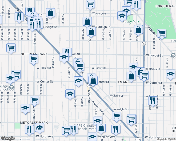 map of restaurants, bars, coffee shops, grocery stores, and more near in Milwaukee
