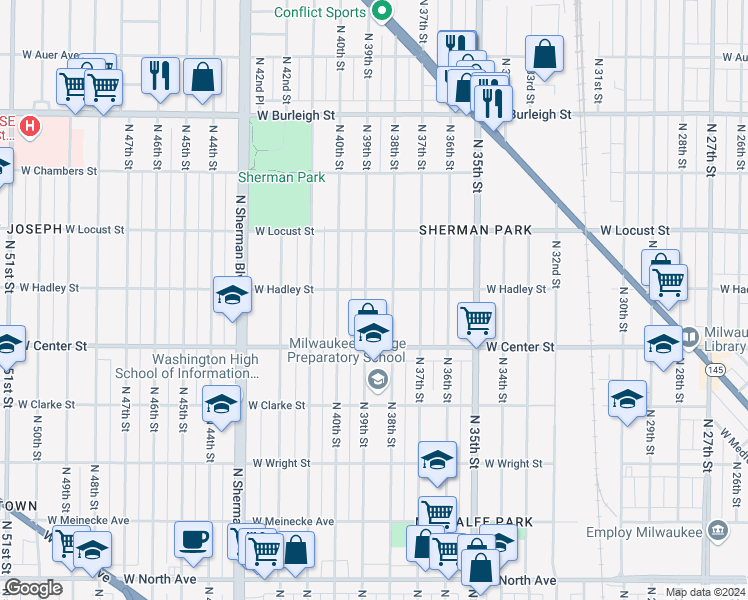 map of restaurants, bars, coffee shops, grocery stores, and more near 2773 North 38th Street in Milwaukee