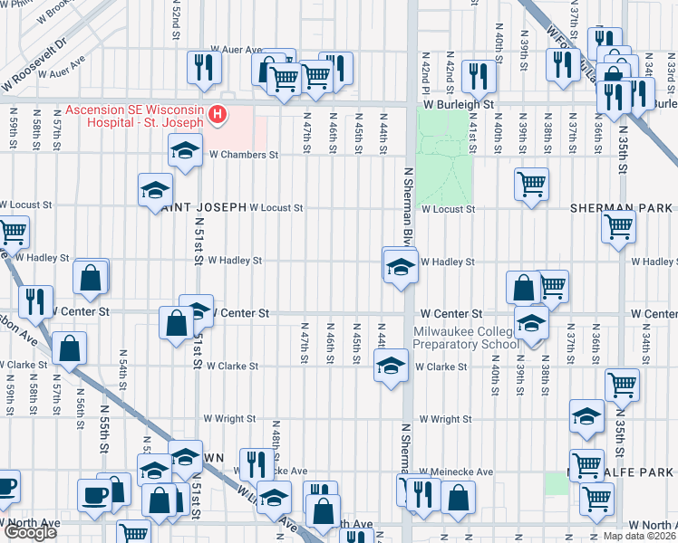 map of restaurants, bars, coffee shops, grocery stores, and more near 2771-2773 North 45th Street in Milwaukee