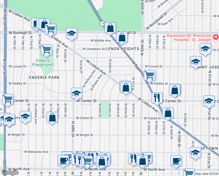 map of restaurants, bars, coffee shops, grocery stores, and more near 2770 North Carlton Place in Milwaukee