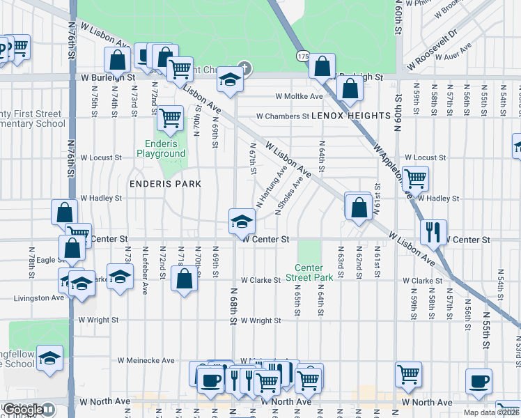 map of restaurants, bars, coffee shops, grocery stores, and more near 2770 North Hartung Avenue in Milwaukee